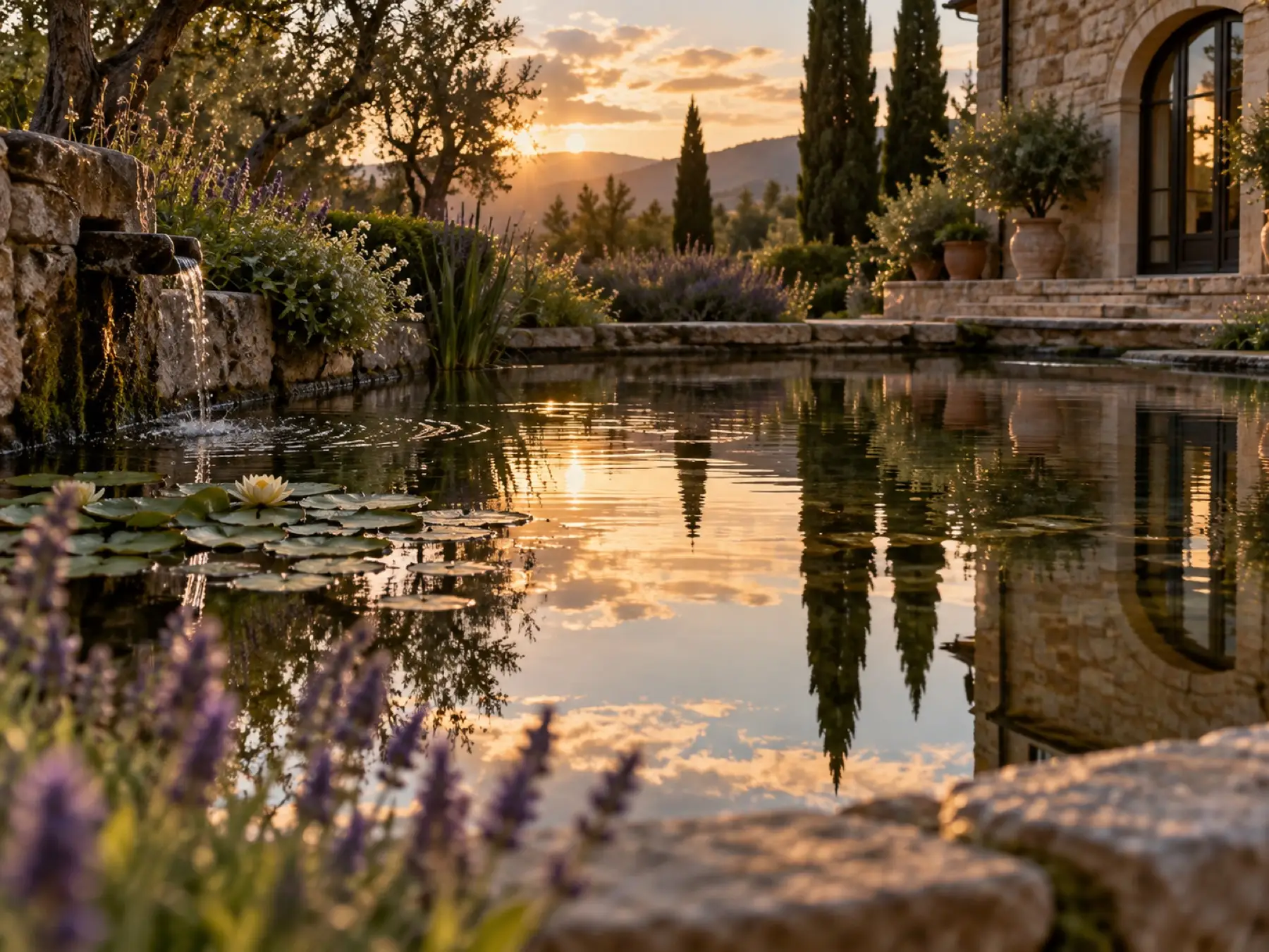 Still water at the Still Waters pond reflecting cypress trees and golden morning light