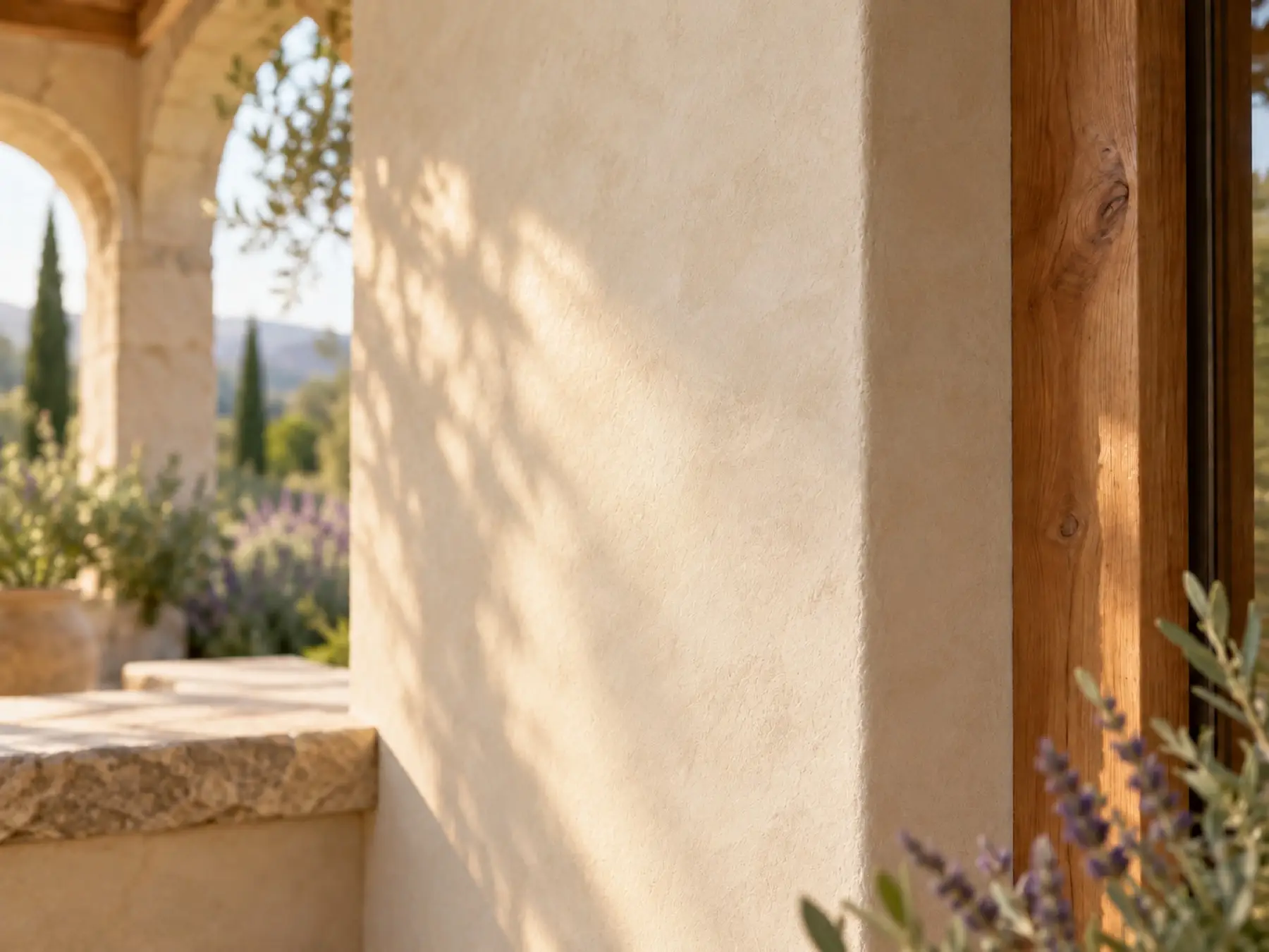 Close-up of a hempcrete wall with lime plaster finish