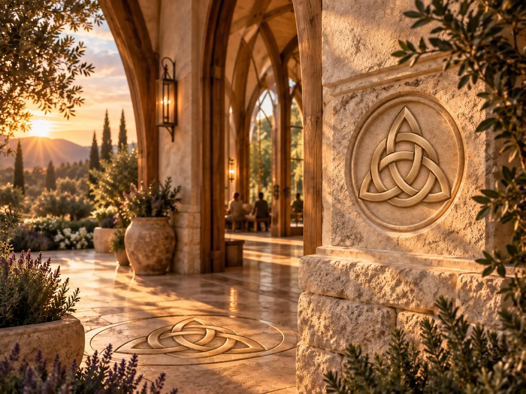 The triquetra symbol embedded in the architecture at Still Waters
