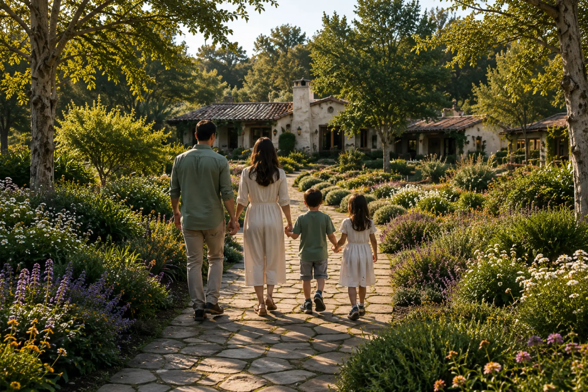 A family walking a cobblestone path through the Grove at Still Waters
