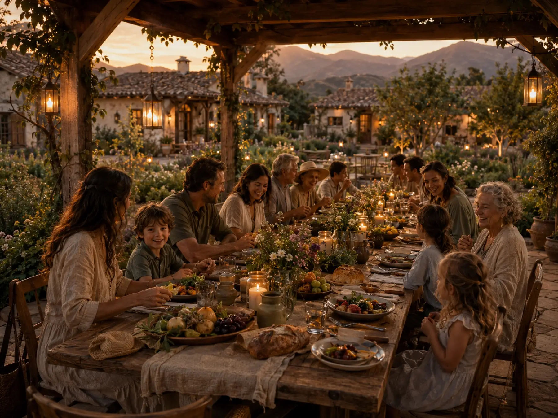 A shared farm-to-table meal at a long table at Still Waters