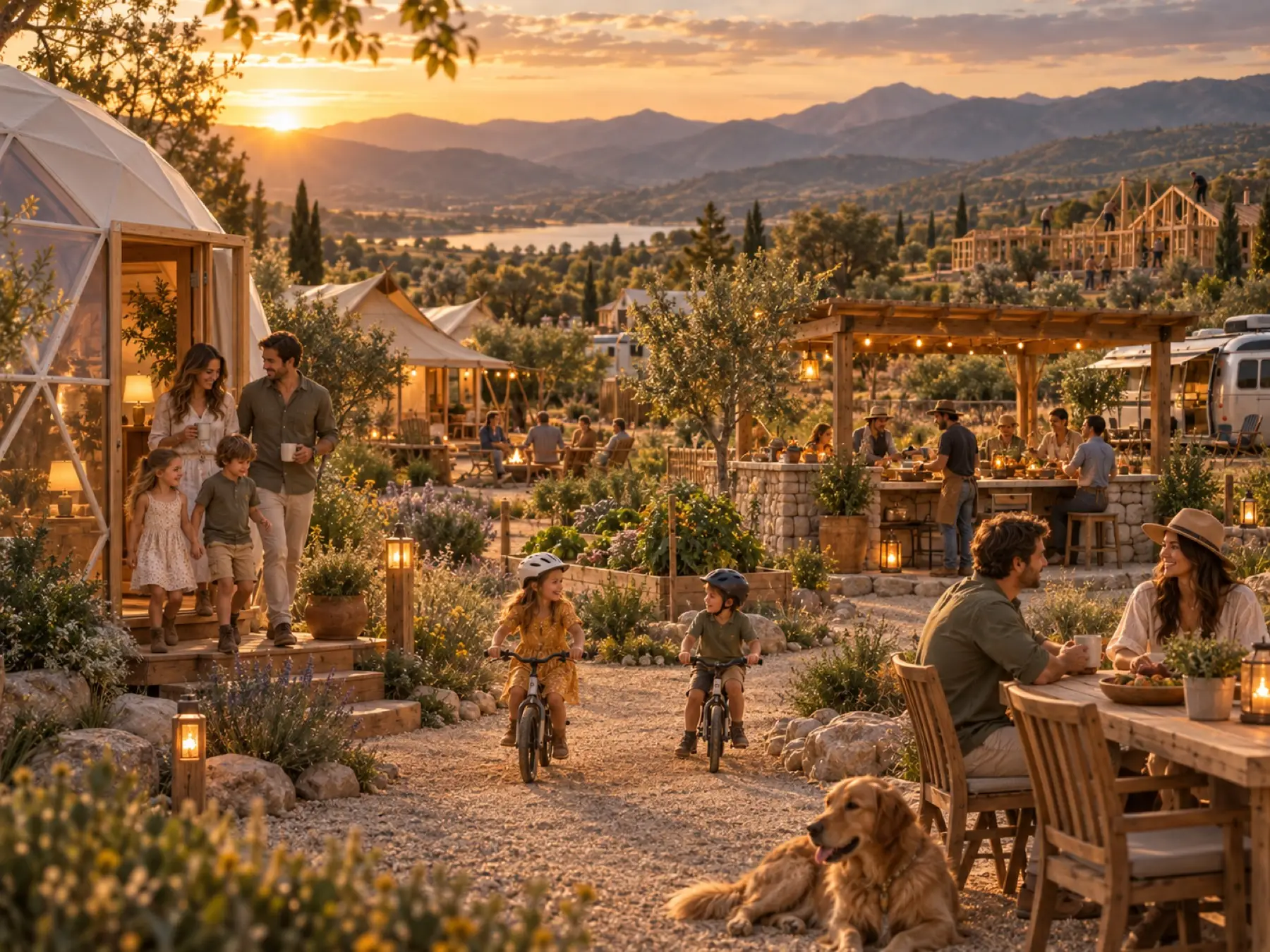 Eco dome glamping accommodations at Still Waters Wellness Village at dusk, with the working farm and Worship House visible in the distance
