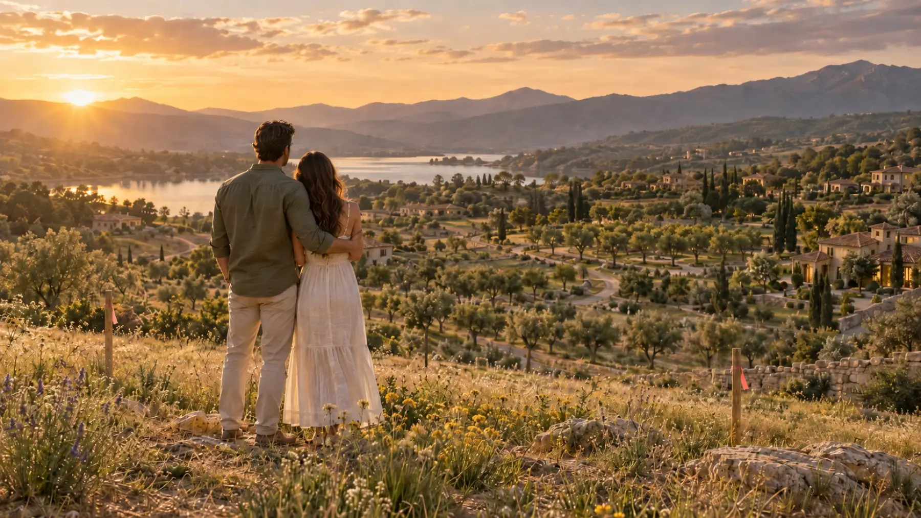 A founding family standing on their future homesite at Still Waters Wellness Village, with the Worship House and orchards visible in the distance