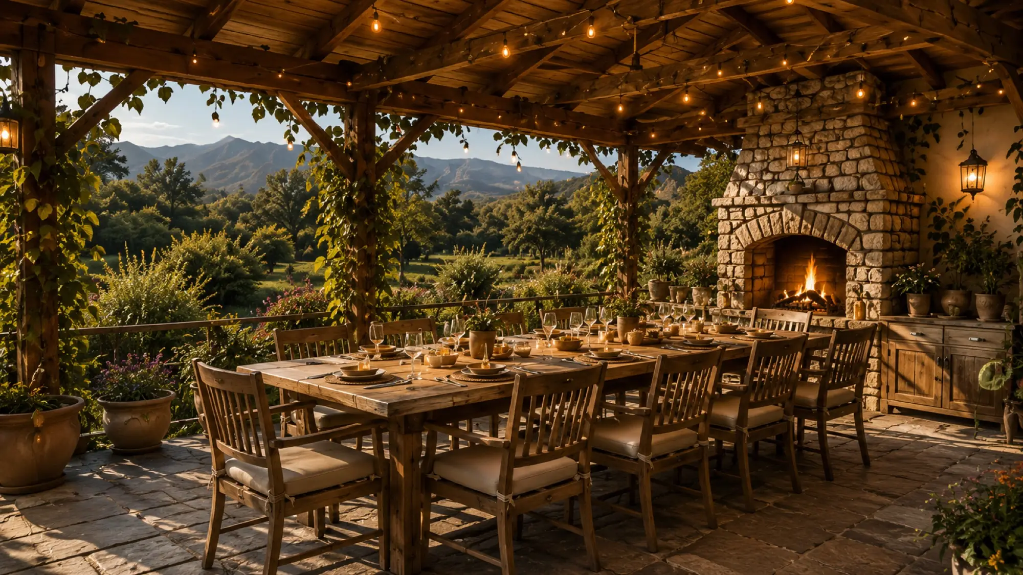 A long table set for a founder dinner under the dining pavilion