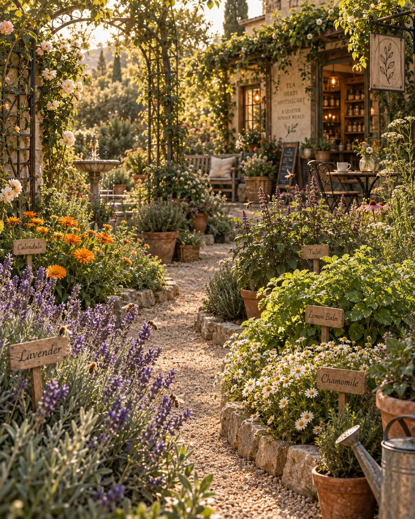 Rows of medicinal herbs in the apothecary gardens