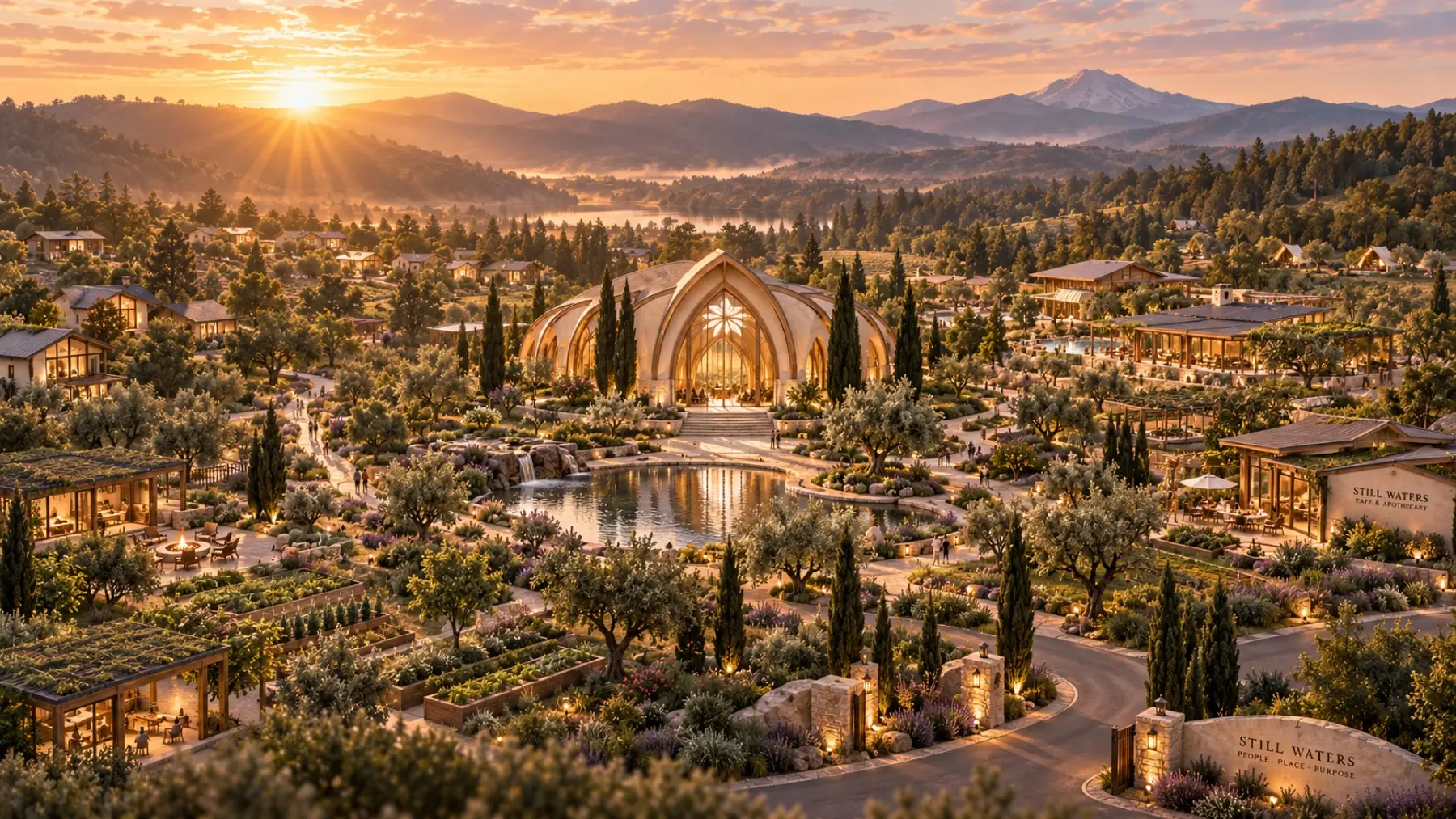 Still Waters Wellness Village at golden hour, showing the worship house at the center surrounded by orchards and walking paths