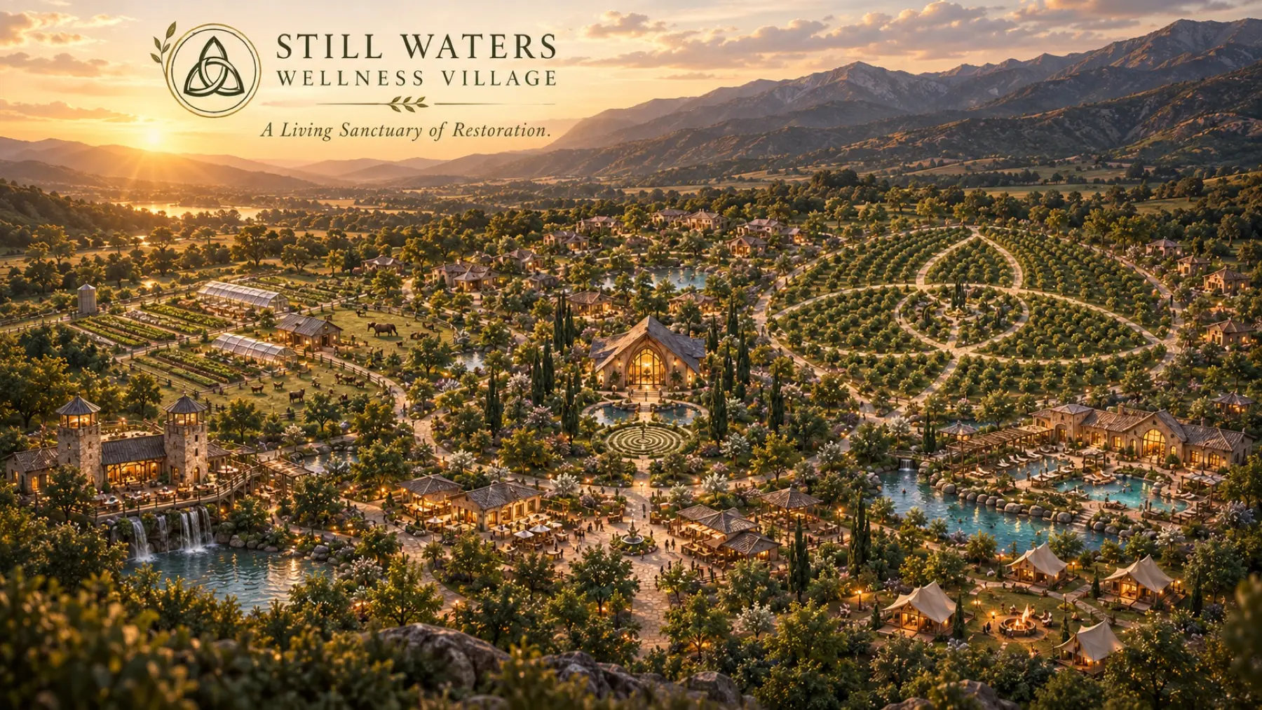 An aerial rendering of Still Waters Wellness Village showing the master plan: the Worship House, residential parcels, working farm, and wellness sanctuary across 507 acres