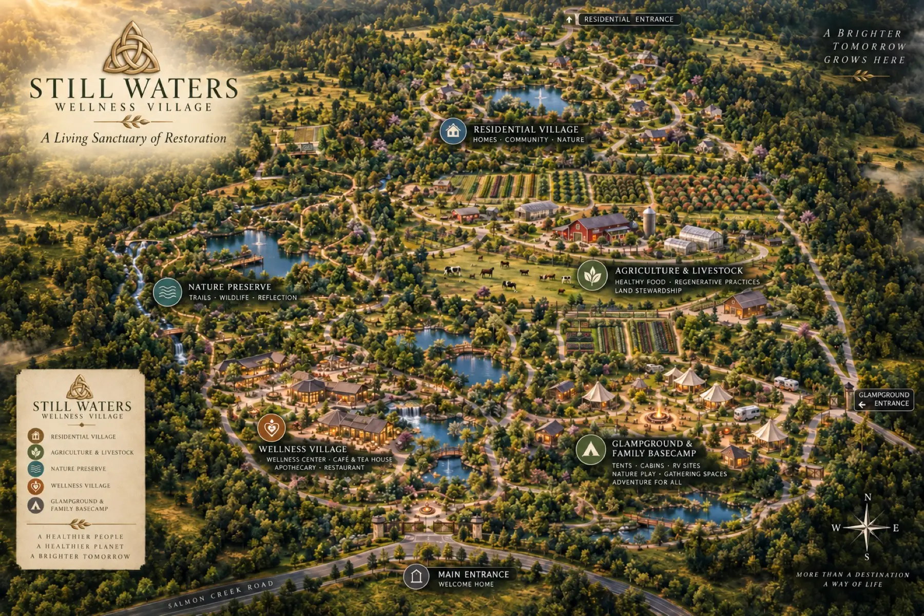Aerial view of Still Waters Wellness Village showing the Worship House at the sacred center surrounded by orchards, residential lots, and the working farm
