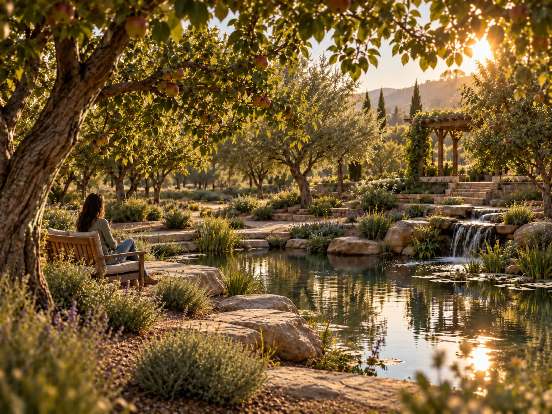 A meditation bench in a quiet garden at Still Waters