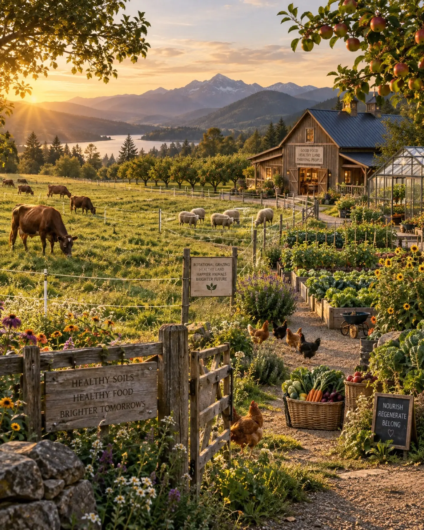 The regenerative working farm with pasture and vegetable rows