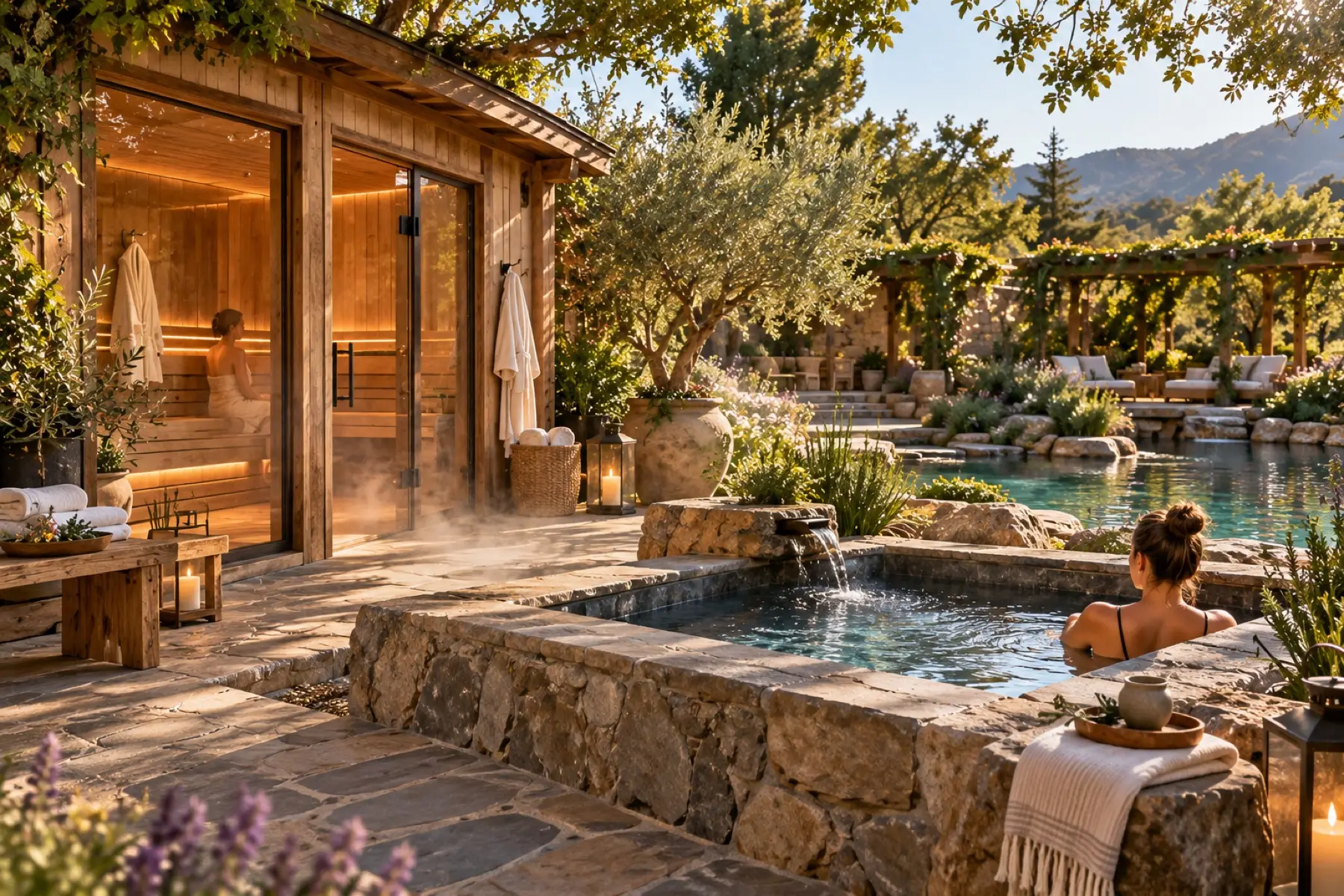 Sauna and cold plunge in The Waters wing of the Restoration House