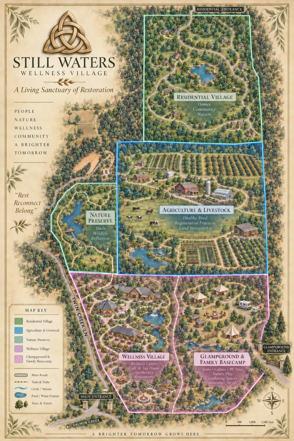 Stylized map of the five zones at Still Waters with the residential parcels highlighted