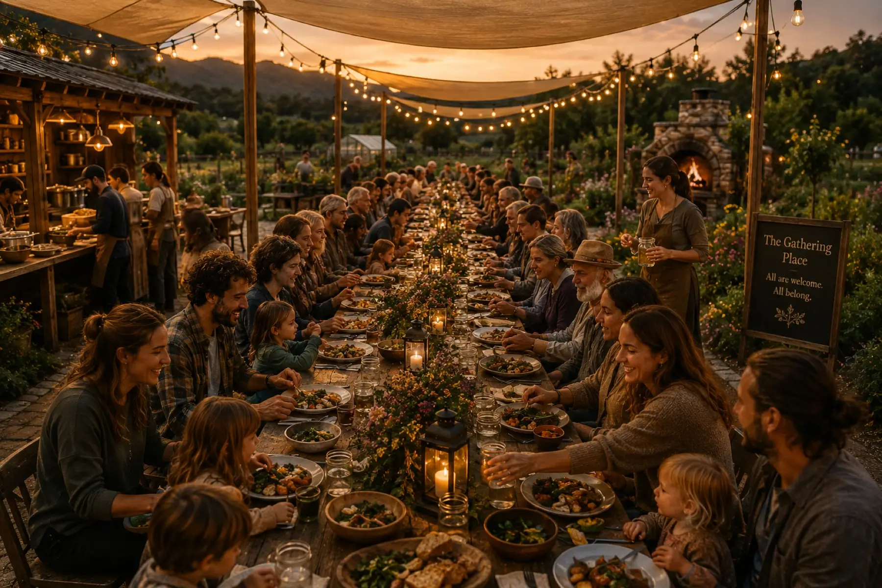 A candlelit celebration dinner under string lights at The Gathering Place