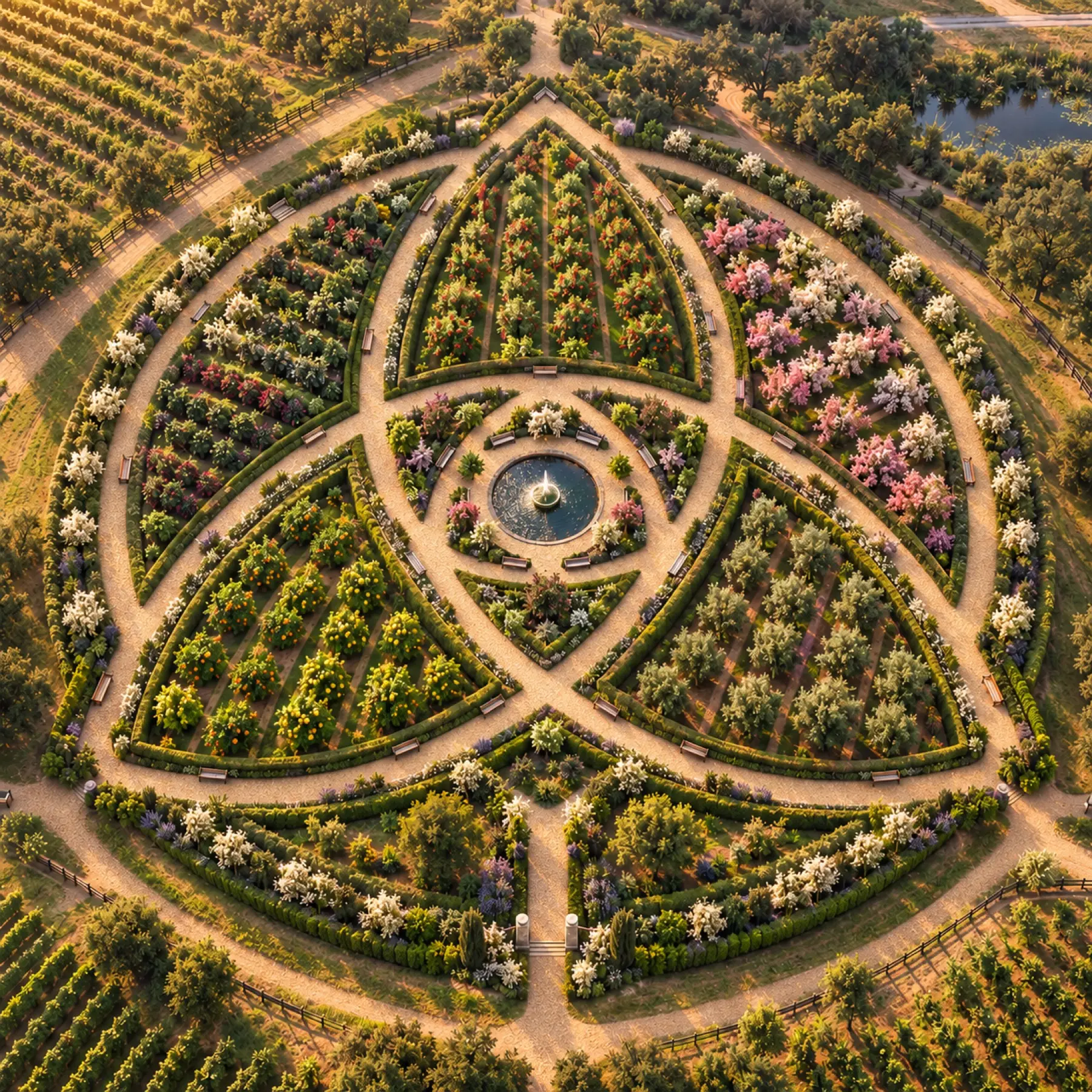 Aerial view of the triquetra orchard planted in three interlocking circles
