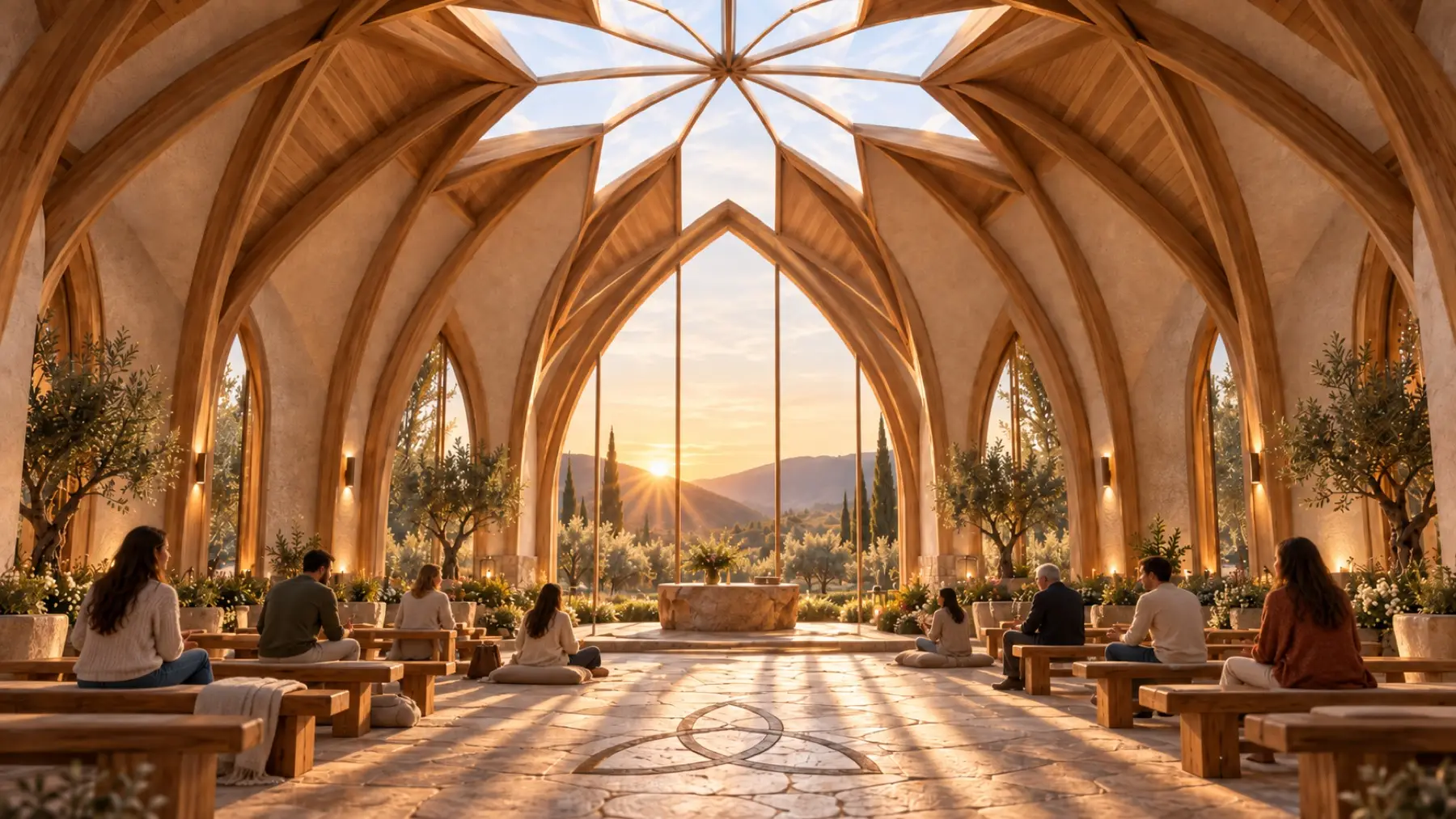 Interior of the Worship House with vaulted timber ceilings and clerestory light